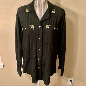 Vintage Designer Blouse Sz 8 Peters & Ashley Black ButtonUp Rayon Gold Detail